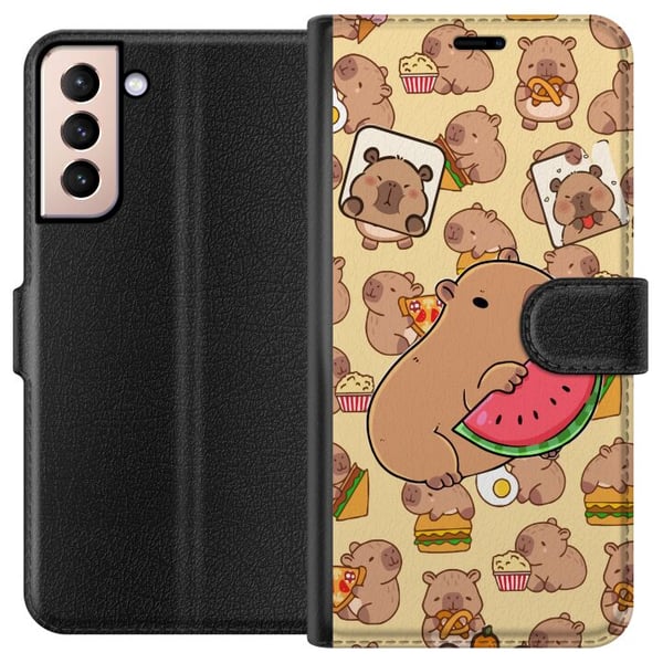 Kompatibelt Lommeboketui til Samsung Galaxy S21 Capybara Snack Tid Søte kapibarer nyter vannmelon pizza og popcorn i en varm og leken design som spre