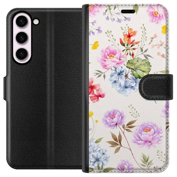 Kompatibelt Lommeboketui til Samsung Galaxy S23+ Blomstret mønster med håndmalte blomster, sommerfugler og insekter i romantisk skandinavisk stil, de