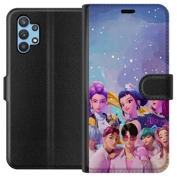 Kompatibelt Plånboksfodral till Samsung Galaxy A32 5G HuntrX Collab motiv med färgstarka KPopkaraktärer i modern futuristisk stil med glittrande deta