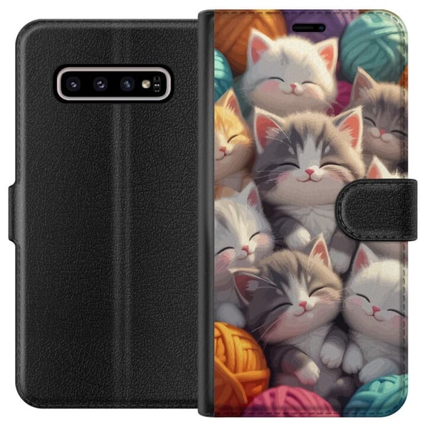Kompatibelt Plånboksfodral till Samsung Galaxy S10+ Sovande kattungar ihopkurade bland färgglada garnnystan i mjuk illustration