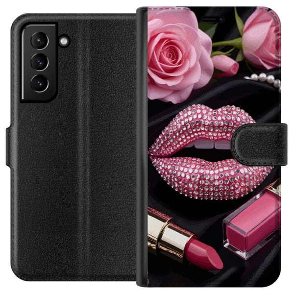 Kompatibelt Lommeboketui til Samsung Galaxy S21+ 5G rosa glitter lepper sminke diamanter roser neglelakk mote glamour skjønnhet plakat rosa lepper ku Kompatibelt Lommeboketui til Samsung Galaxy S21+ 5G rosa glitter lepper sminke diamanter roser neglelakk mote glamour skjønnhet plakat rosa lepper ku