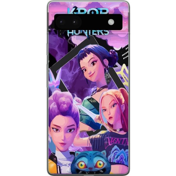 Yhteensopiva Puhelinkuori Google Pixel 6a K-Pop Demon Hunters -animevaikutteinen futuristinen kaupunki, jossa on kolme sankaritarta ja purppuranväris