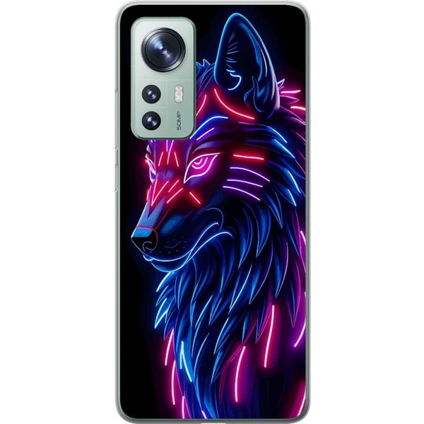 Yhteensopiva Puhelinkuori Xiaomi 12 Neonvalaistu susi sinisessä ja vaaleanpunaisessa valossa futuristisella cyberpunk-tunnelmalla