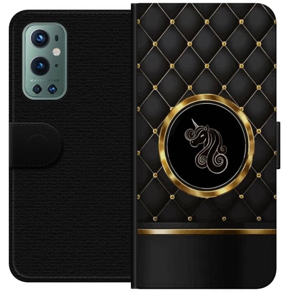 Kompatibelt Lommeboketui til OnePlus 9 Pro Emblem med enhjørning i svart og gyllen kontrast