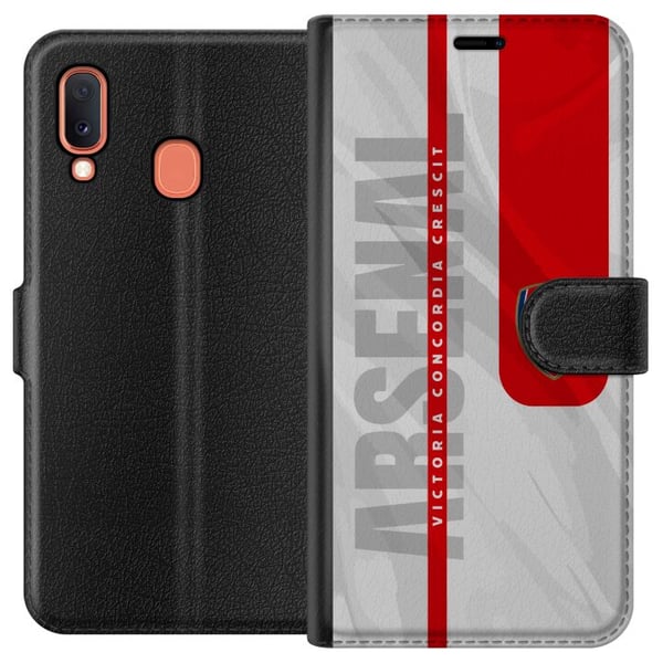 Kompatibelt Plånboksfodral till Samsung Galaxy A20e Arsenal FC crest fotboll klubb poster Gunners Premier League logo röd vit bakgrund retro design a