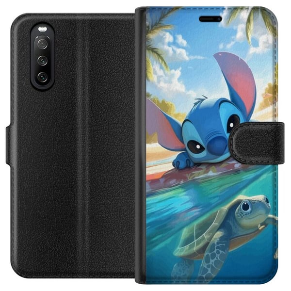 Kompatibel Tegnebogsetui til Sony Xperia 10 III Stitch med skildpadde - sød blå alien i tropisk strandmiljø fra Disney