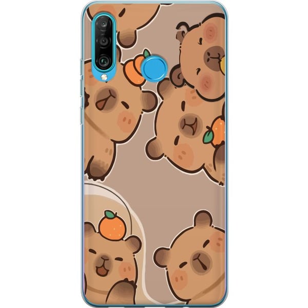 Kompatibelt Mobilskal till Huawei P30 lite Gulliga capybaror i varma toner med apelsiner och glada uttryck