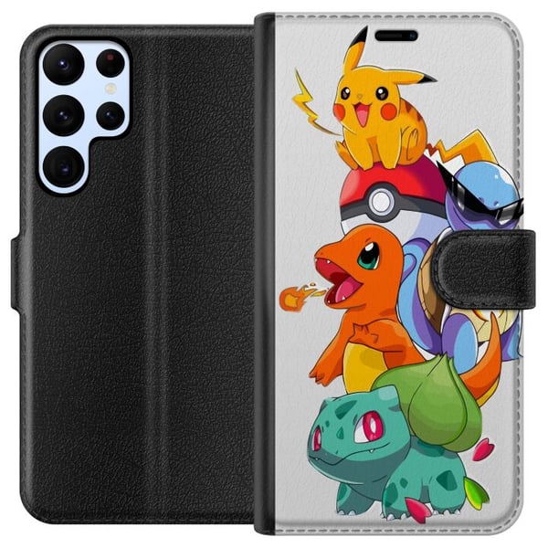 Kompatibelt Plånboksfodral till Samsung Galaxy S22 Ultra 5G Pokémon Pikachu Charmander Squirtle Bulbasaur – färgglad Pokémon stack illustration med f