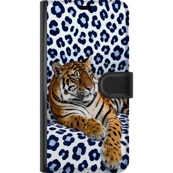 Kompatibelt Lommeboketui til Samsung Galaxy S10 Lite Tiger Chill Pattern-motiv med en tiger som hviler mot en hvitblå mønstret bakgrunn i moderne des