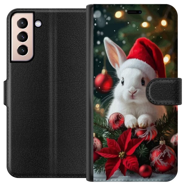 Kompatibelt Lommeboketui til Samsung Galaxy S21 Julekanin med nisselue søt kanin vinter røde dekorasjoner festlig kawaii jul koselige lys plakat