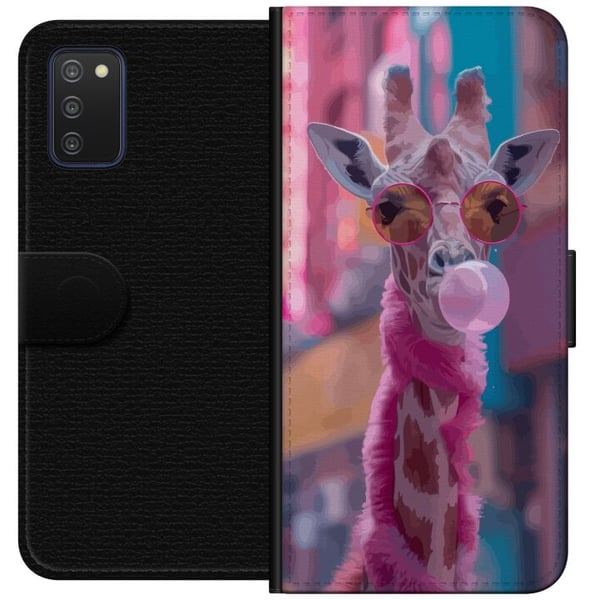 Kompatibelt Lommeboketui til Samsung Galaxy A03s Sjiraff med tyggegummi, morsomt fargerikt design i urbant miljø i popkunststil med leken energi, hum