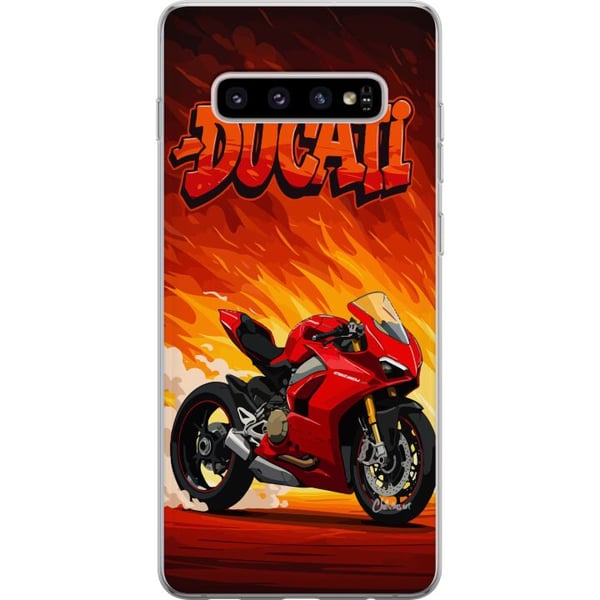 Kompatibelt Mobilskal till Samsung Galaxy S10+ Ducati röd sportmotorcykel mot eld bakgrund fartfyllt motiv för motorälskare