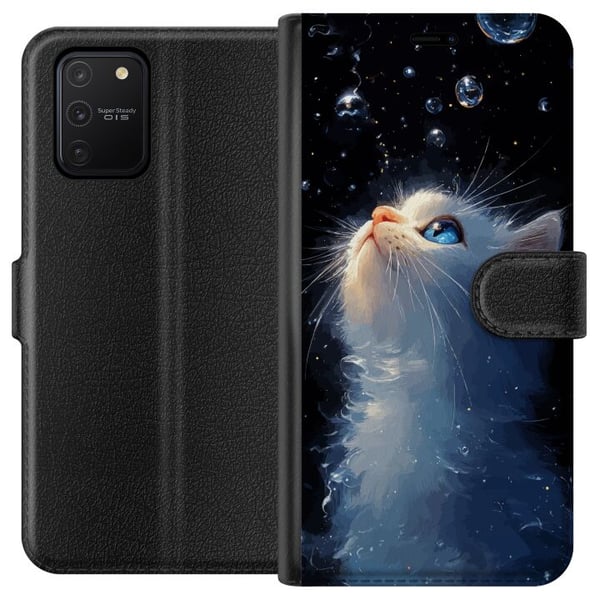 Kompatibelt Lommeboketui til Samsung Galaxy S10 Lite Drømmende stjernekatt med en hvit katt som ser mot stjernene, et drømmende og magisk motiv for k Kompatibelt Lommeboketui til Samsung Galaxy S10 Lite Drømmende stjernekatt med en hvit katt som ser mot stjernene, et drømmende og magisk motiv for k