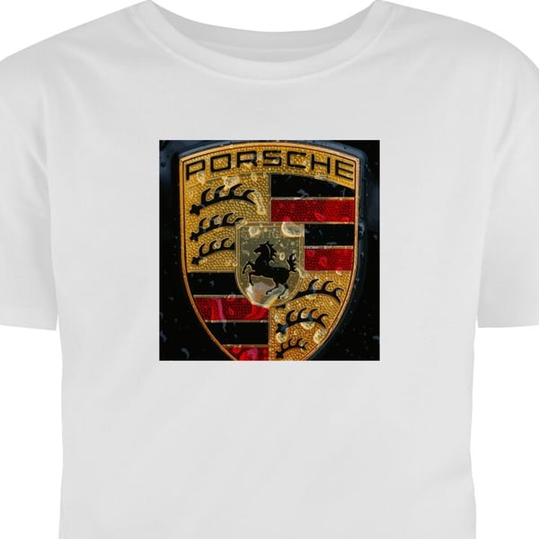 T-Shirt Porsche emblem plakat luksusbil emblem sportsbil logo Stuttgart klassisk retro design bil merke kunst Hvit Stor