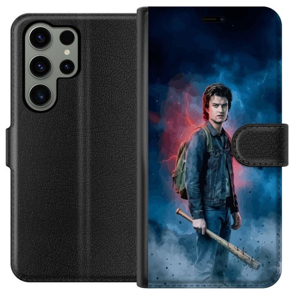 Kompatibel Tegnebogsetui til Samsung Galaxy S23 Ultra Stranger Things-portræt med baseballbat, lyn og dramatisk baggrund