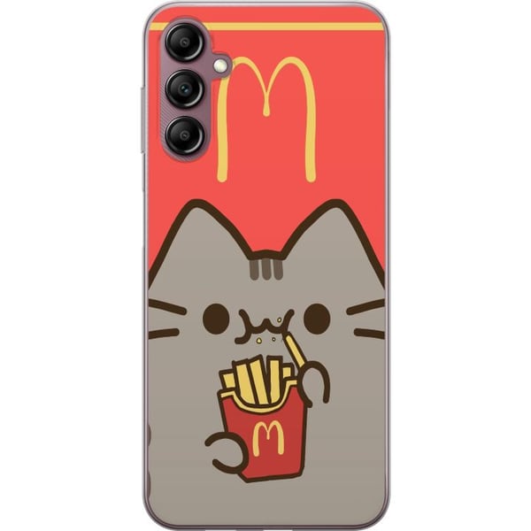 Kompatibel Mobilcover til Samsung Galaxy A14 5G Sød Pusheen-lignende kat med pommes frites i McDonald’s-stil – humoristisk og charmerende motiv.