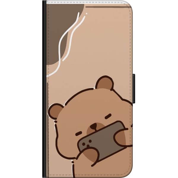 Kompatibelt Lommeboketui til Samsung Galaxy A03s Lazy Bear Chill Mode Søt bjørn som ligger med mobilen på beige bakgrunn i en rolig, avslappet stil