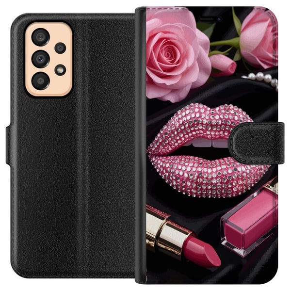 Yhteensopiva Lompakkokotelo Samsung Galaxy A33 5G vaaleanpunainen glitter huulet meikki timantit ruusut kynsilakka muoti glamour kauneus juliste vaal Yhteensopiva Lompakkokotelo Samsung Galaxy A33 5G vaaleanpunainen glitter huulet meikki timantit ruusut kynsilakka muoti glamour kauneus juliste vaal