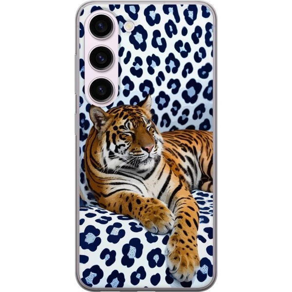 Kompatibel Mobilcover til Samsung Galaxy S23 Tiger Chill Pattern-motiv med en tiger, der hviler mod en hvidblå mønstret baggrund i moderne design