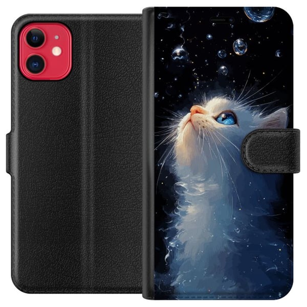 Kompatibelt Plånboksfodral till Apple iPhone 11 Dreamy Starry Cat med vit katt som tittar mot stjärnorna ett drömskt och magiskt motiv för kattälskar