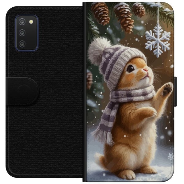 Kompatibelt Lommeboketui til Samsung Galaxy A03s Vinterkanin med lue og skjerf beundrer snøfnugg sjarmerende vintermotiv fylt med julestemning