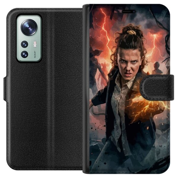 Yhteensopiva Lompakkokotelo Xiaomi 12 Fantasiamuotokuva nuoresta naisesta, jolla on salamaenergiaa, tumma tausta, dramaattinen toiminnallinen kuvitus