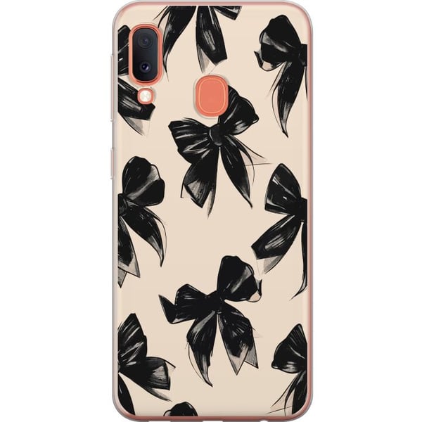 Yhteensopiva Puhelinkuori Samsung Galaxy A20e Mustat rusetit beigen taustan päällä, elegantti ajaton design pehmeillä kontrasteilla ja ylellisellä tu