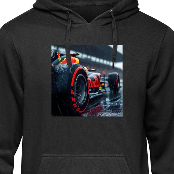 Barn Hoodie Red Bull Racer Formula 1 bil i regn realistisk motorsport design fartfyllt racing tema F1 stil Svart 12-13 År