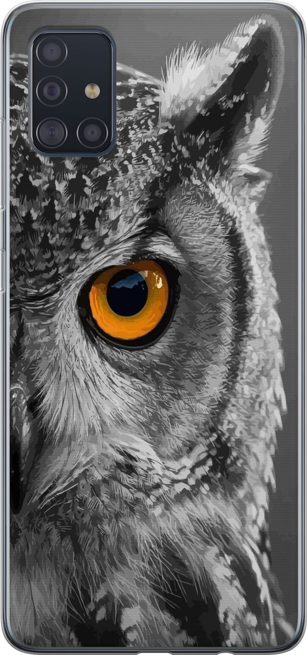 Kompatibel Mobilcover til Samsung Galaxy A51 Sort-hvidt nærbillede af en ugle med intenst orange øje og skarpe fjerdetaljer
