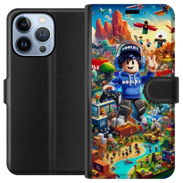 Kompatibel Tegnebogsetui til Apple iPhone 13 Pro Stor, detaljeret Roblox-verden fyldt med karakterer, eventyr og farverige miljøer