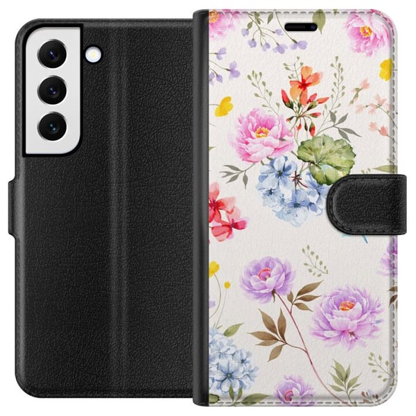 Kompatibelt Plånboksfodral till Samsung Galaxy S22+ 5G Blommigt mönster med handmålade blommor, fjärilar och insekter i romantisk skandinavisk stil,