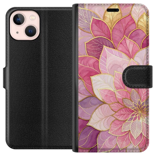 Kompatibelt Plånboksfodral till Apple iPhone 13 mini Blommig mandala – Rosa och lila mönster med gyllene detaljer illustration