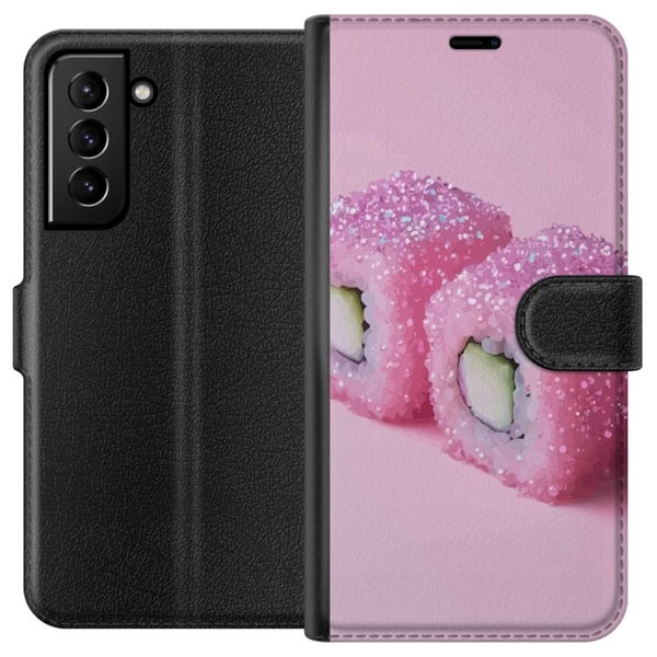 Kompatibelt Lommeboketui til Samsung Galaxy S21+ 5G Sushi plakat rosa glitter kawaii japansk mat rull ris fisk estetisk mattedesign søt Japan kunst Kompatibelt Lommeboketui til Samsung Galaxy S21+ 5G Sushi plakat rosa glitter kawaii japansk mat rull ris fisk estetisk mattedesign søt Japan kunst