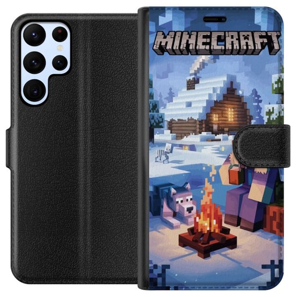 Yhteensopiva Lompakkokotelo Samsung Galaxy S22 Ultra 5G Minecraft-talviaihe, jossa Steve, susi, nuotio ja luminen mökki, Minecraft-faneille tarkoitet