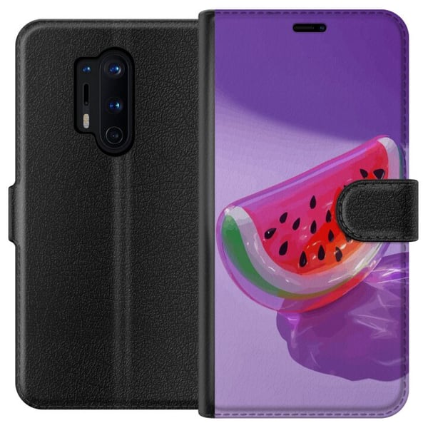 Kompatibel Tegnebogsetui til OnePlus 8 Pro Vandmelon i glasstil mod lilla baggrund, frisk sommerlig design med saftigt og moderne udtryk