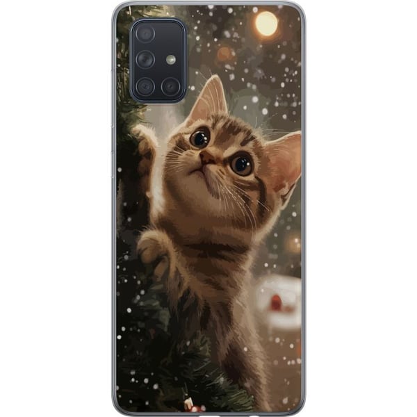 Kompatibel Mobilcover til Samsung Galaxy A71 Kat, der klatrer i juletræ med snefald, hyggeligt vinterdesign perfekt til katte- og juleelskere