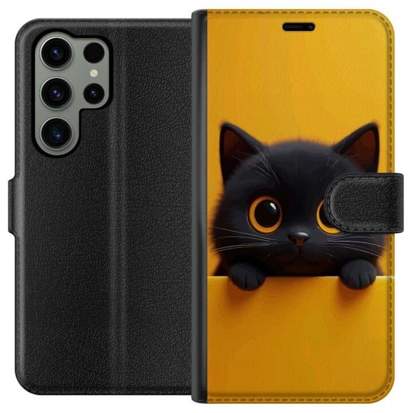 Kompatibel Tegnebogsetui til Samsung Galaxy S23 Ultra Sød sort kat med store øjne på gul baggrund – minimalistisk dyreillustration med varme farver o Kompatibel Tegnebogsetui til Samsung Galaxy S23 Ultra Sød sort kat med store øjne på gul baggrund – minimalistisk dyreillustration med varme farver o