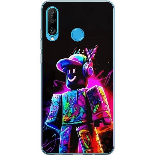 Kompatibelt Mobilskal till Huawei P30 lite Roblox Neon Player Färgstark Robloxfigur i neonfärger mot svart bakgrund i modern gamingstil