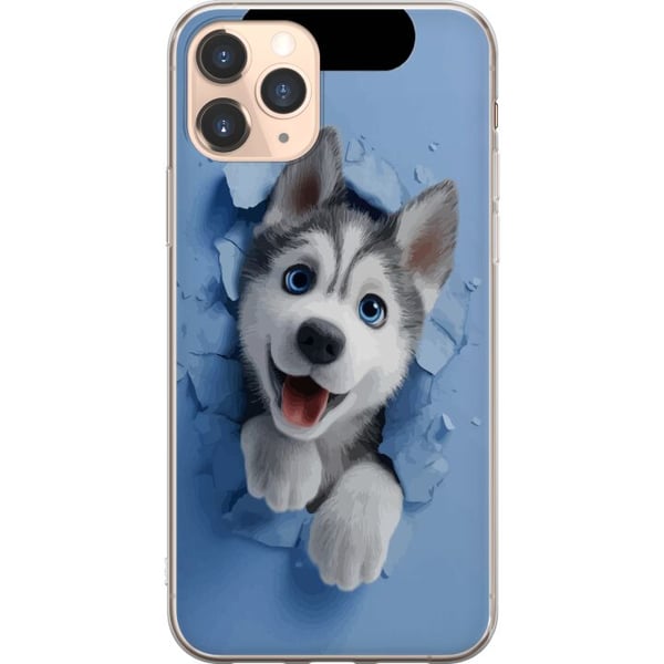 Kompatibelt Mobilskal till Apple iPhone 11 Pro Söt huskyvalp med stora blå ögon tittar fram genom sönderbruten vägg i mjuk 3D-stil vilket skapar glat