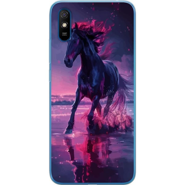 Kompatibel Mobilcover til Xiaomi Redmi 9A Elegant sort hest, der løber gennem vand i lilla og lyserødt lys med en magisk stemning