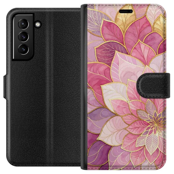 Kompatibelt Lommeboketui til Samsung Galaxy S21+ 5G Blomstermandala – Rosa og lilla mønster med gylne detaljer illustrasjon Kompatibelt Lommeboketui til Samsung Galaxy S21+ 5G Blomstermandala – Rosa og lilla mønster med gylne detaljer illustrasjon