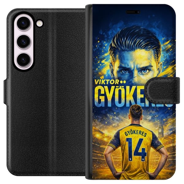 Kompatibel Tegnebogsetui til Samsung Galaxy S23 Fodboldplakat af Viktor Gyökeres i gul-blå farveskala med dramatisk stadionbaggrund, sportsillustrati