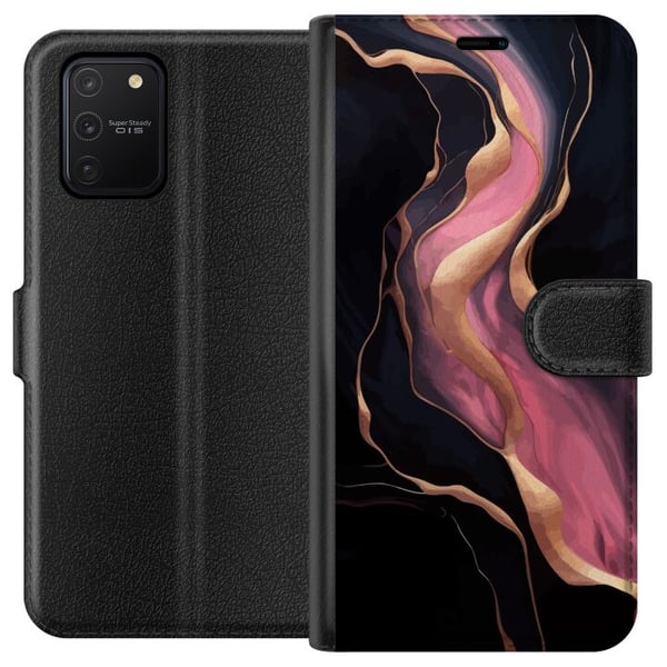 Kompatibelt Lommeboketui til Samsung Galaxy S10 Lite Abstrakte bølger i svart med rosa striper og gullfargede kanter som flytende marmor mot mørk bak Kompatibelt Lommeboketui til Samsung Galaxy S10 Lite Abstrakte bølger i svart med rosa striper og gullfargede kanter som flytende marmor mot mørk bak