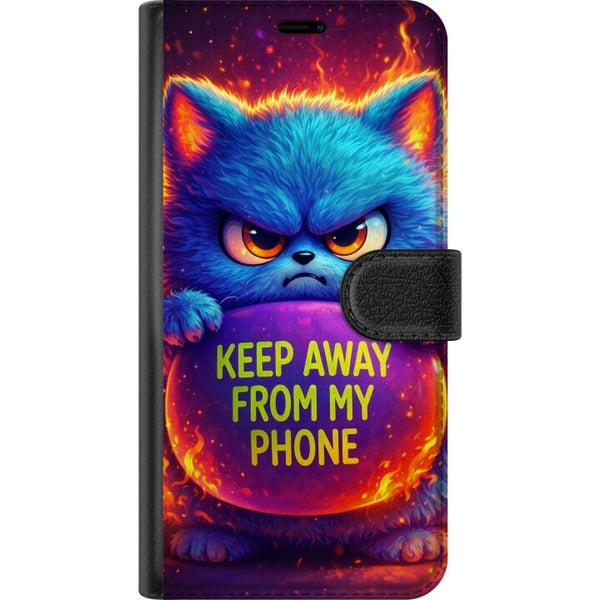 Kompatibelt Lommeboketui til Samsung Galaxy S21+ 5G Sint, lodden blå katt med teksten Keep Away From My Phone i neonfarger og flamlignende effekter,