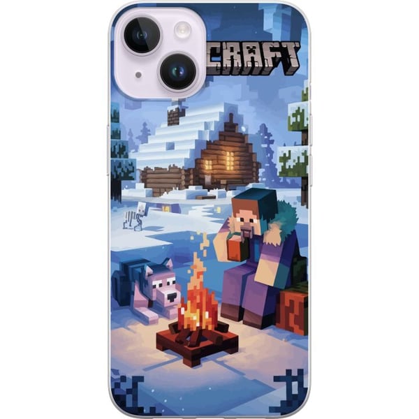 Kompatibelt Mobilskal till Apple iPhone 14 Plus Minecraft vintermotiv med Steve varg lägereld och snöig stuga spelillustration för Minecraft fans