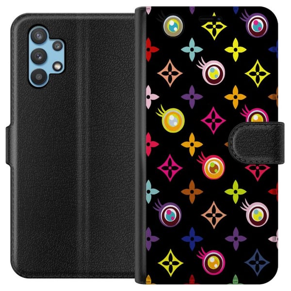 Kompatibelt Plånboksfodral till Samsung Galaxy A32 5G Färgstarkt mönster med geometriska symboler och ögon på svart bakgrund pop art design Kompatibelt Plånboksfodral till Samsung Galaxy A32 5G Färgstarkt mönster med geometriska symboler och ögon på svart bakgrund pop art design