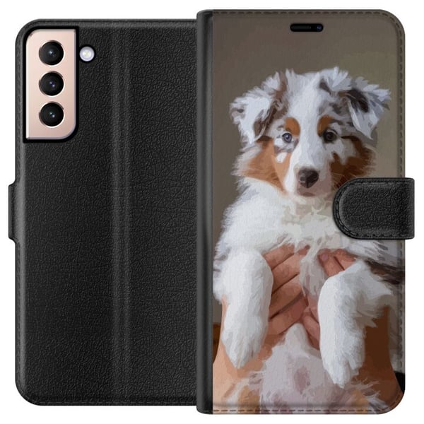 Kompatibelt Lommeboketui til Samsung Galaxy S21 Hundevalp-illustrasjon – Søt, lodden valp i portrettdesign med blå øyne Kompatibelt Lommeboketui til Samsung Galaxy S21 Hundevalp-illustrasjon – Søt, lodden valp i portrettdesign med blå øyne