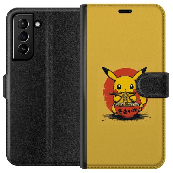 Kompatibel Tegnebogsetui til Samsung Galaxy S21+ 5G Pikachu, der spiser ramen i japansk animeinspireret stil mod en gul baggrund, et sjovt moderne mo Kompatibel Tegnebogsetui til Samsung Galaxy S21+ 5G Pikachu, der spiser ramen i japansk animeinspireret stil mod en gul baggrund, et sjovt moderne mo