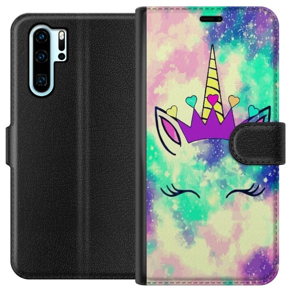 Kompatibel Tegnebogsetui til Huawei P30 Pro Pastelfarvet enhjørning med galaksebaggrund, hjerter og krone, magisk legende fantasydesign i moderne og