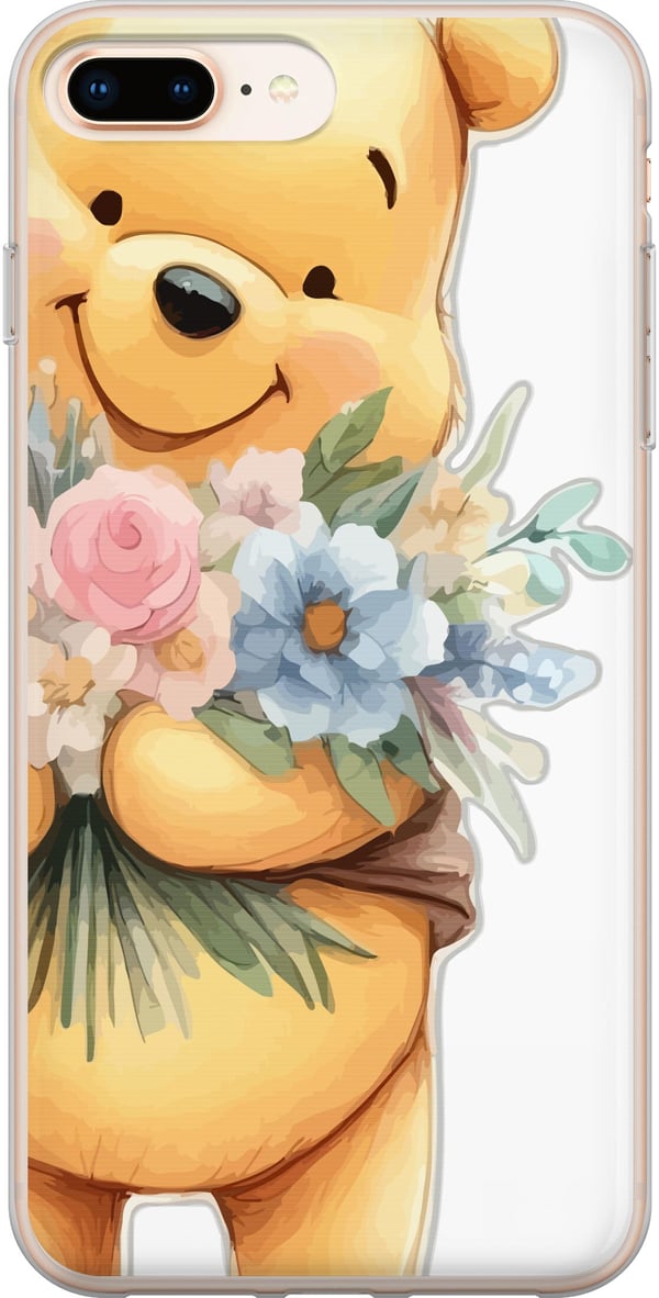 Kompatibelt Mobildeksel til Apple iPhone 8 Plus Nalle Puh med blomster - klassisk barnefavoritt i en blomstrende vår miljø